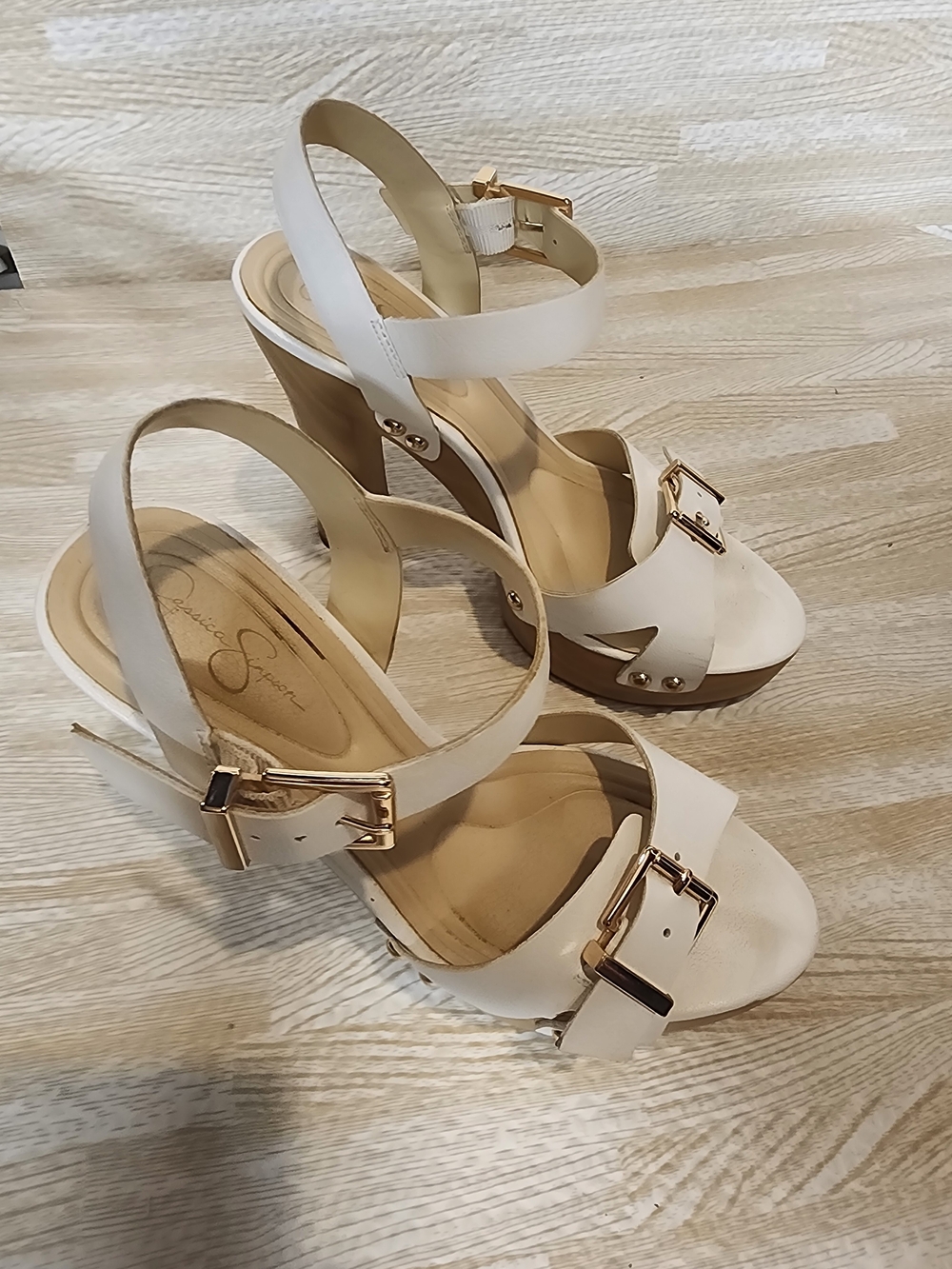 White Platform Sandals with Gold Buckles - Jessica Simpson